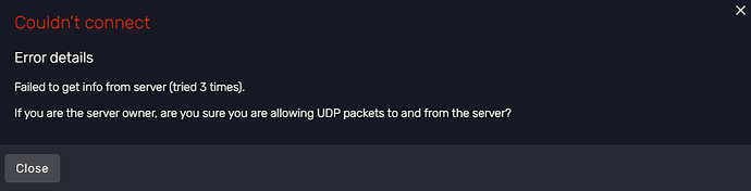 Screenshot of the FiveM Couldn’t connect error: Failed to get info from server (tried 3 times).